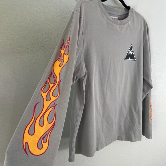Palm Angels Unisex Medium Grey Flame Graphic Long Sleeve Shirt Triangle Logo - Picture 6 of 9